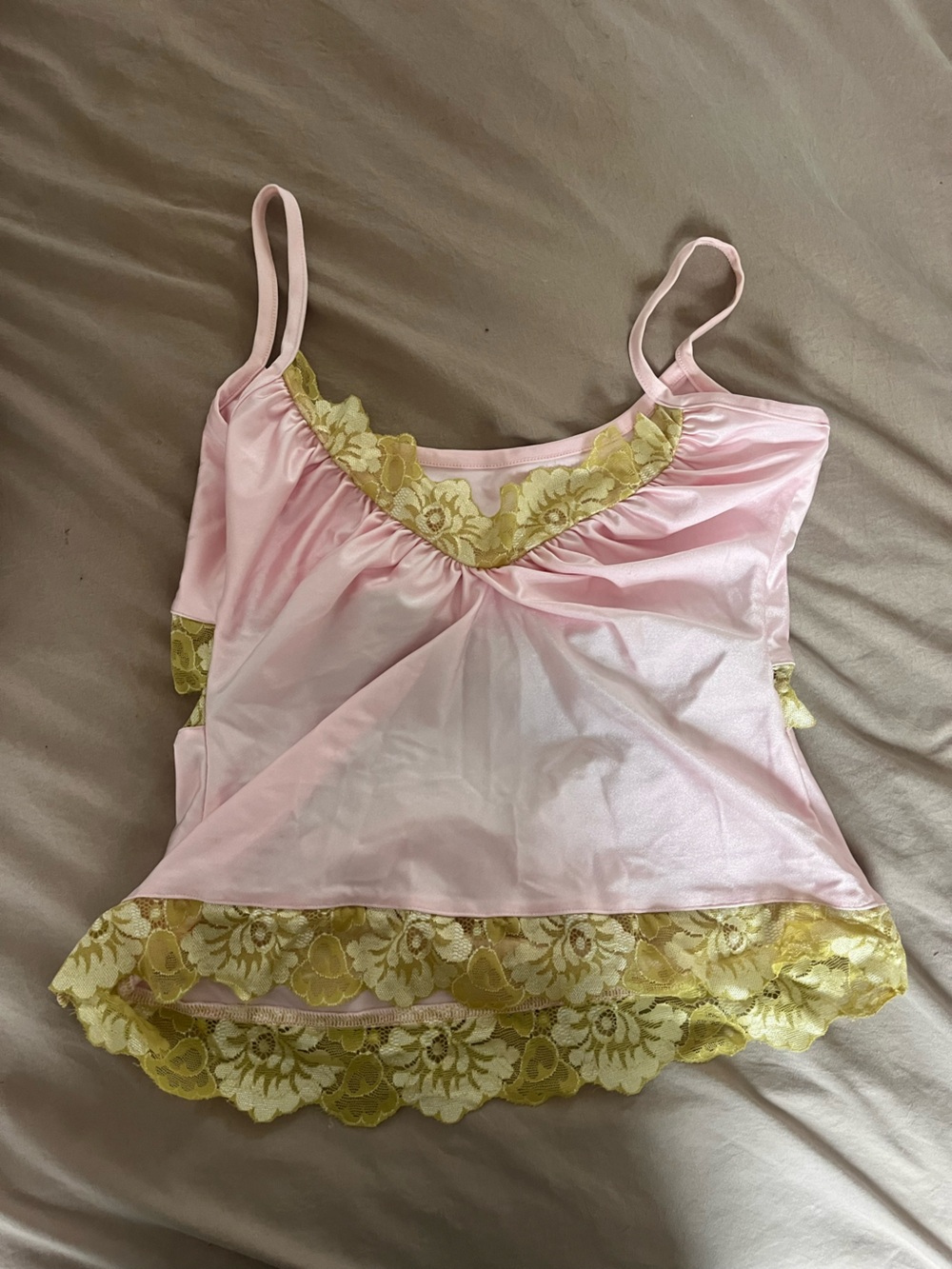 Silky Pink Lace-Trim Cami - Soft Pink with green Lace going out top